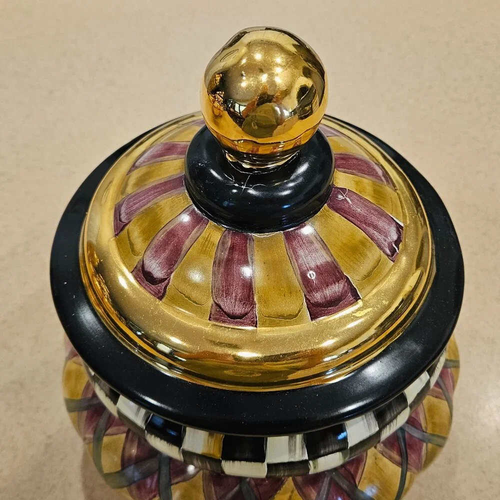 RARE MACKENZIE CHILDS ARGYLE PLAID AURORA CERAMIC GROOVY CANISTER JAR DISH